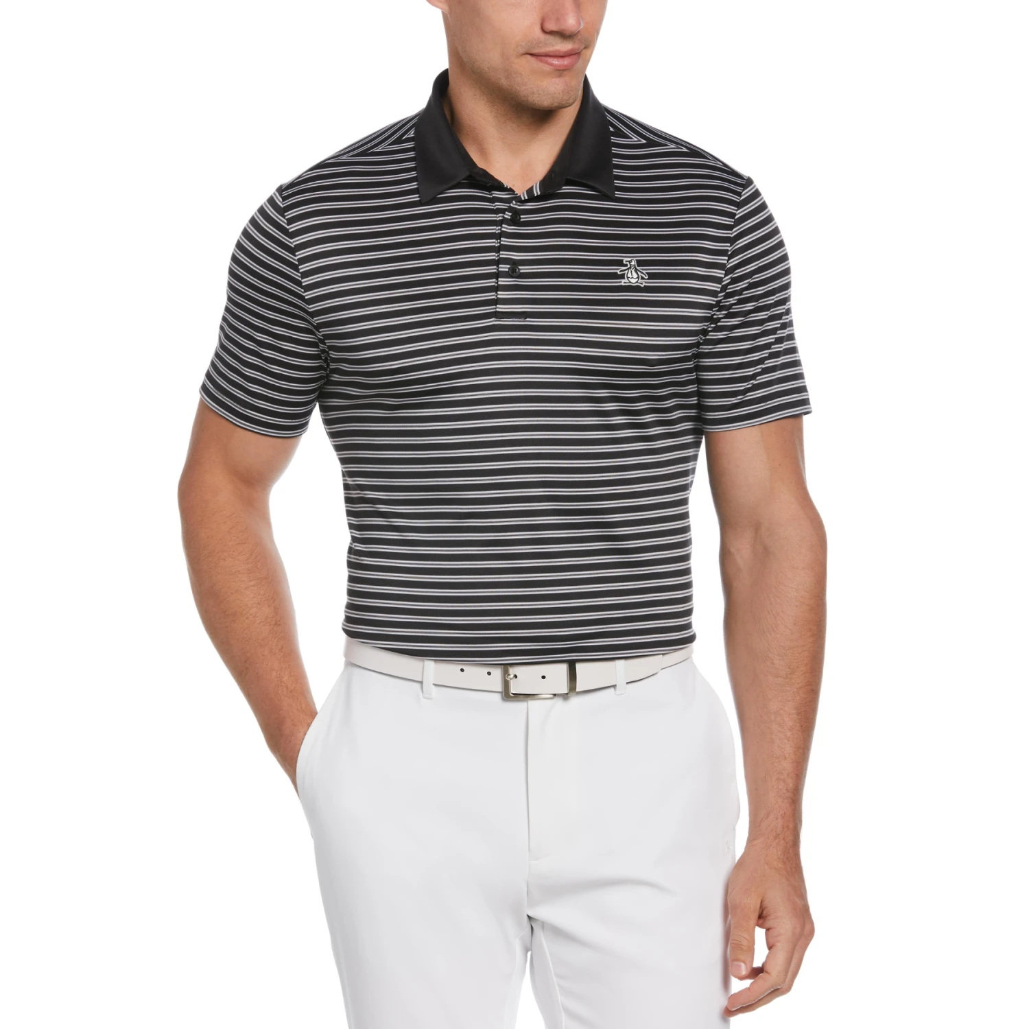 Original Penguin Heritage Stripe Solid Collar Short Sleeve Polo Shirt In Caviar 3 Original Penguin Heritage Stripe Solid Collar Short Sleeve Polo Shirt In Caviar