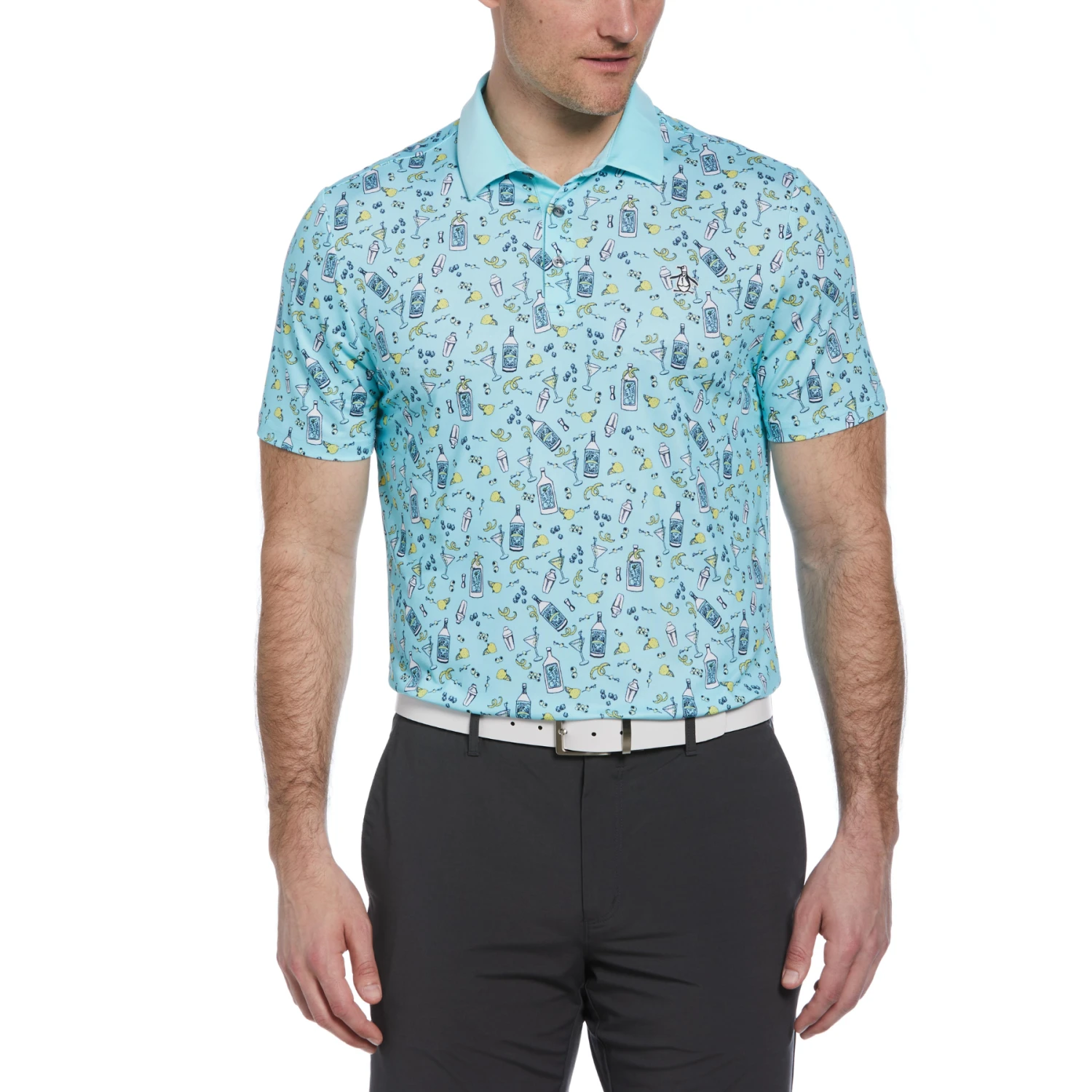 Original Penguin Novelty Martini Print Golf Polo Shirt In Tanager Turquoise 3 Original Penguin Novelty Martini Print Golf Polo Shirt In Tanager Turquoise