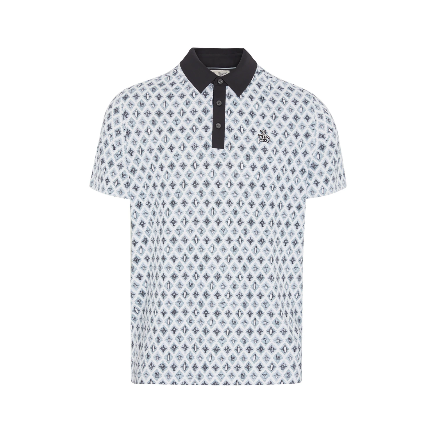 Original Penguin All-Over Atomic Cocktail Print Short Sleeve Golf Polo Shirt In Caviar 3 Original Penguin All-Over Atomic Cocktail Print Short Sleeve Golf Polo Shirt In Caviar