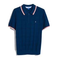 Original Penguin Icons Quarter Zip Short Sleeve Polo Neck Jumper In Poseidon Blue -Outlet New Polo Shirt Store OPGF3112 430