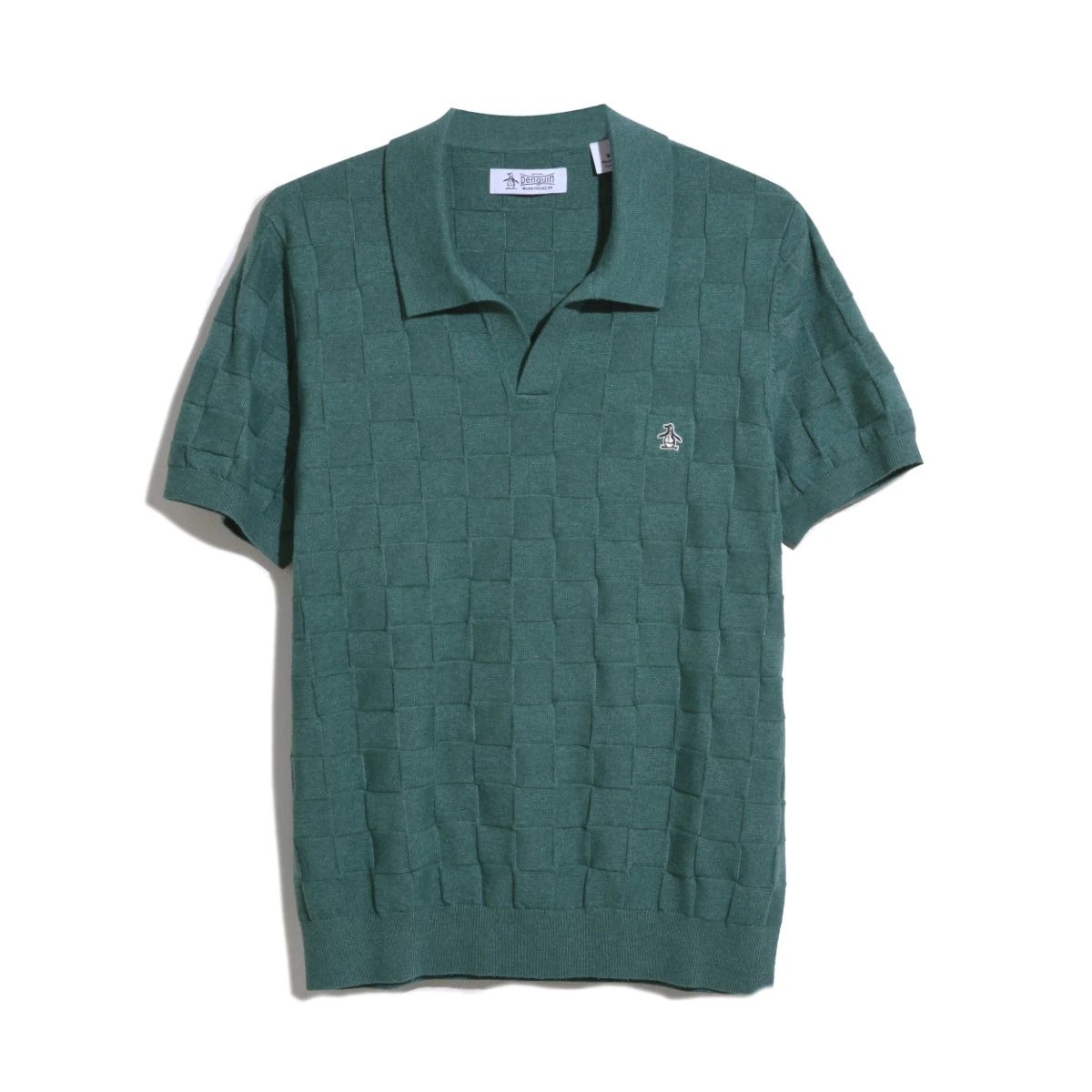 Original Penguin Jacquard Johnny Collar Short Sleeve Polo Shirt Sweater In Sea Pine 6 Original Penguin Jacquard Johnny Collar Short Sleeve Polo Shirt Sweater In Sea Pine - Image 4