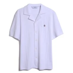 Original Penguin Icons Organic Cotton Striped Short Sleeve Shirt With Camp Collar In Bright White -Outlet New Polo Shirt Store OPKM3501 118