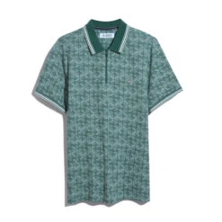 Original Penguin Jacquard Geometric Print 1/4 Zip Short Sleeve Polo Shirt In Antique Green -Outlet New Polo Shirt Store OPKS2436 361
