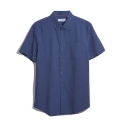 Original Penguin Cotton Dobby Basketweave Textured Short Sleeve Button-Down Shirt In Blue Indigo -Outlet New Polo Shirt Store OPWS2412 970