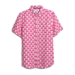 Original Penguin Delave Linen Geometric Palm Print Short Sleeve Button-Down Shirt In Birch -Outlet New Polo Shirt Store OPWS2414 252