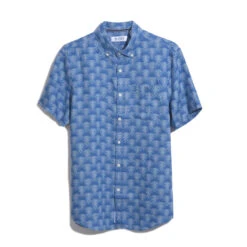 Original Penguin Delave Linen Geometric Palm Print Short Sleeve Button-Down Shirt In Tourmaline -Outlet New Polo Shirt Store OPWS2414 499