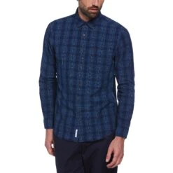 Outlet New Polo Shirt Store 21 Original Penguin Cotton Indigo Plaid Print Long Sleeve Button-Down Shirt In Dark Sapphire