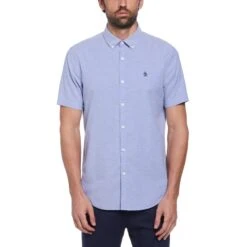 Outlet New Polo Shirt Store 29 Original Penguin Ecovero Oxford Stretch Short Sleeve Button-Down Shirt In Amparo Blue