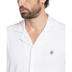 Original Penguin Icons Organic Cotton Striped Short Sleeve Shirt With Camp Collar In Bright White -Outlet New Polo Shirt Store bumiaea1kmdukx7rqjxe