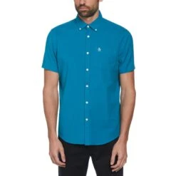 Original Penguin Ecovero Short Sleeve Oxford Shirt In Tahitian Tide