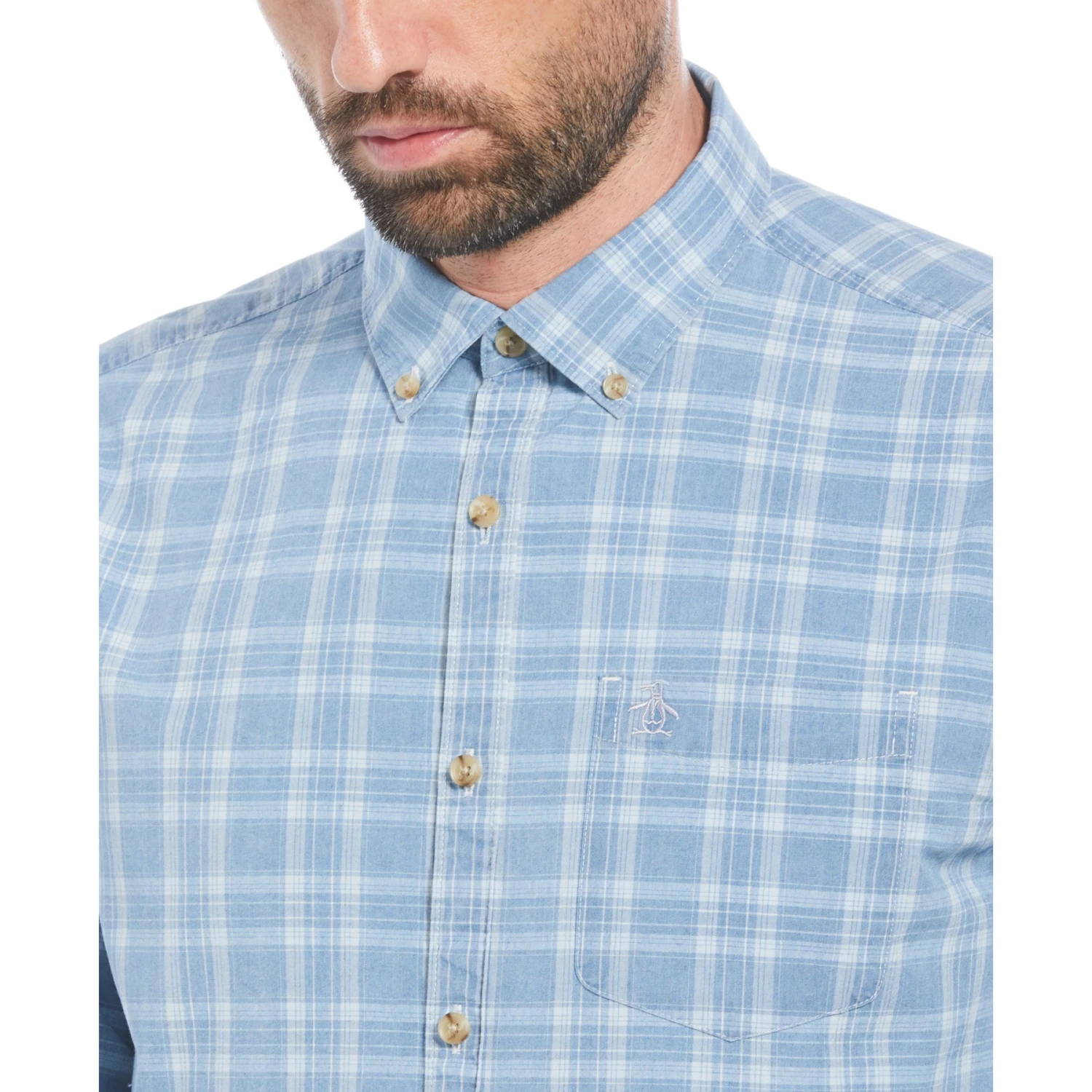 Original Penguin Cotton Indigo Plaid Print Long Sleeve Button-Down Shirt In Spring Lake 5 Original Penguin Cotton Indigo Plaid Print Long Sleeve Button-Down Shirt In Spring Lake - Image 3