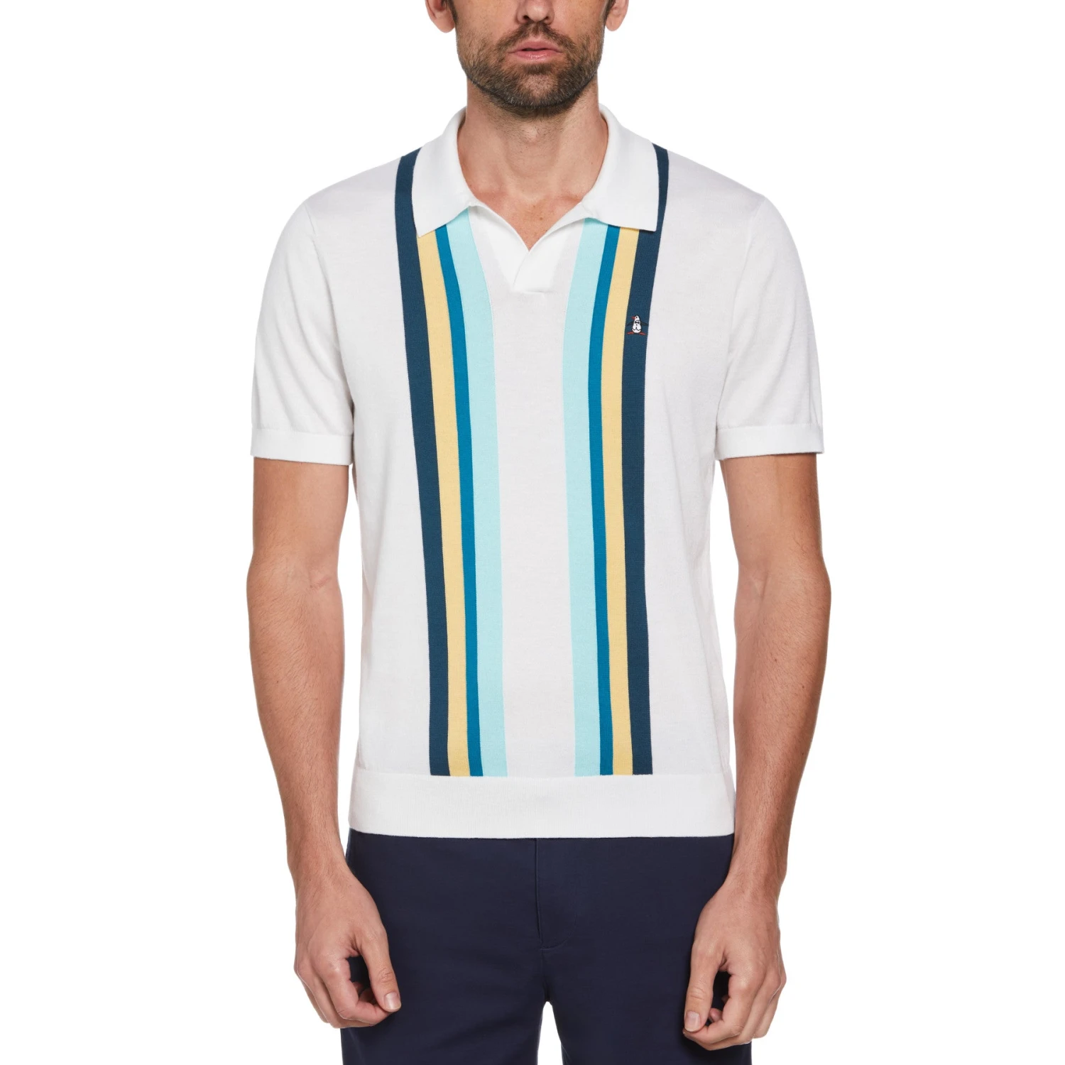 Original Penguin Icons Short Sleeve Textured Vertical Stripe Polo Jumper In Bright White 3 Original Penguin Icons Short Sleeve Textured Vertical Stripe Polo Jumper In Bright White