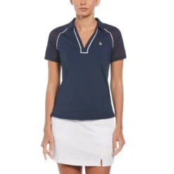Original Penguin Women's V-Neck Mesh Block Short Sleeve Golf Polo Shirt With Contrast Piping In Black Iris