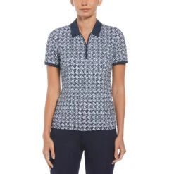 Outlet New Polo Shirt Store 14 Original Penguin Women's Geometric Print Short Sleeve Golf Polo Shirt With Mesh Inserts In Black Iris