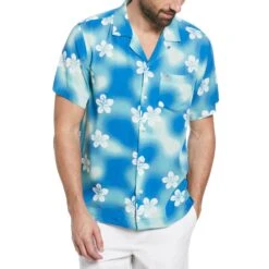 Original Penguin Ecovero Watercolor Floral Print Camp Collar Shirt In Imperial Blue