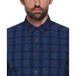 Original Penguin Cotton Indigo Plaid Print Long Sleeve Button-Down Shirt In Dark Sapphire -Outlet New Polo Shirt Store gukeav2972zk26flx50l
