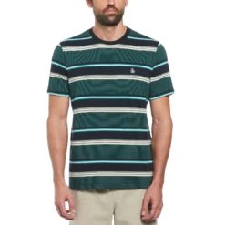 Original Penguin Embroidered Striped T-Shirt In Dark Sapphire
