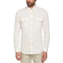 Original Penguin Long Sleeve Flannel Button-Down Shirt In Oatmeal