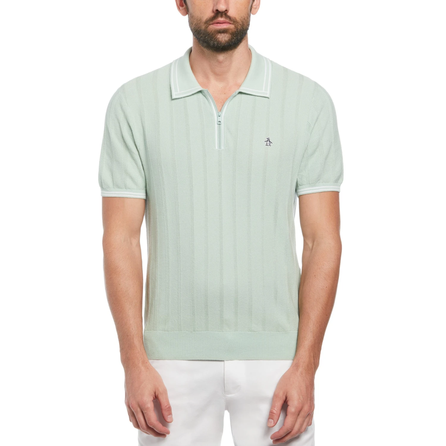 Original Penguin Cashmere-Like Cotton Tipped Short Sleeve Polo Shirt Sweater In Silt Green 3 Original Penguin Cashmere-Like Cotton Tipped Short Sleeve Polo Shirt Sweater In Silt Green