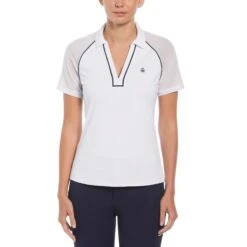Original Penguin Women's V-Neck Mesh Block Short Sleeve Golf Polo Shirt With Contrast Piping In Bright White