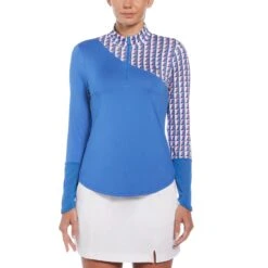 Original Penguin Women's Geo Block Sun Protection Long Sleeve Tennis Shirt In Nebulas Blue