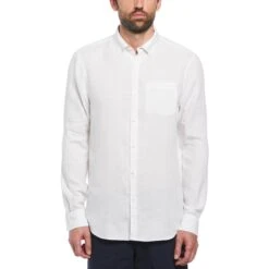 Original Penguin Delave Linen Long Sleeve Button-Down Shirt In Bright White