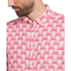 Original Penguin Delave Linen Geometric Palm Print Short Sleeve Button-Down Shirt In Birch -Outlet New Polo Shirt Store s3mvjps48qi6ssborde3