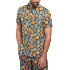 Original Penguin Linen Floral Print Short Sleeve Button-Down Shirt In Dark Sapphire