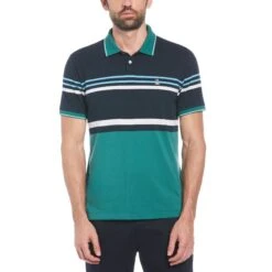 Original Penguin Jacquard Honeycomb Stripe Pattern Short Sleeve Polo Shirt In Antique Green