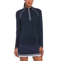 Original Penguin Women's Solid Long Sleeve Tennis Shirt With Sun Protection In Black Iris