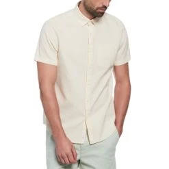 Original Penguin Cotton Dobby Basketweave Textured Short Sleeve Button-Down Shirt In Birch