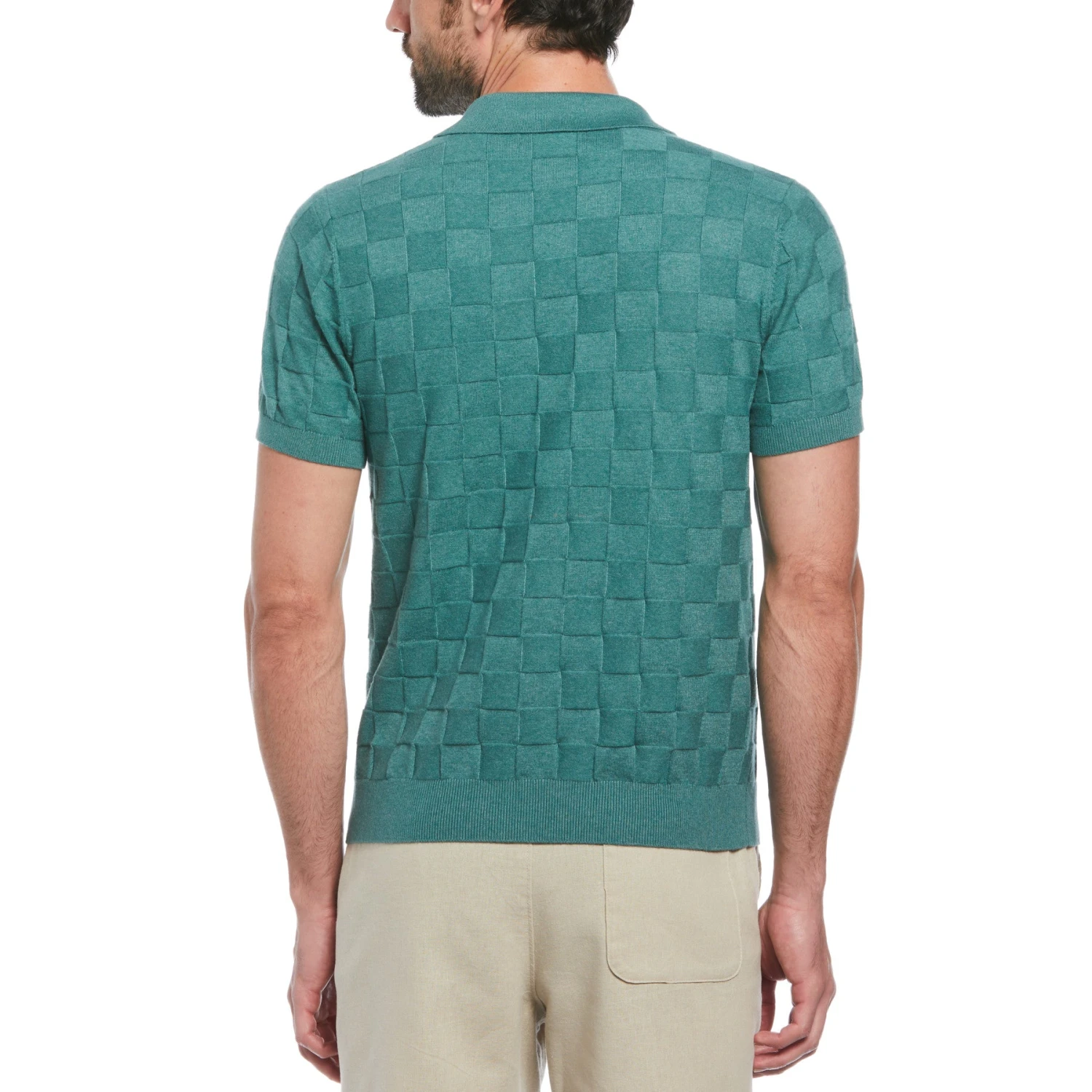 Original Penguin Jacquard Johnny Collar Short Sleeve Polo Shirt Sweater In Sea Pine 4 Original Penguin Jacquard Johnny Collar Short Sleeve Polo Shirt Sweater In Sea Pine - Image 2