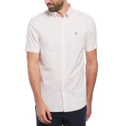 Original Penguin Ecovero Oxford Stretch Short Sleeve Button-Down Shirt In Parfait Pink