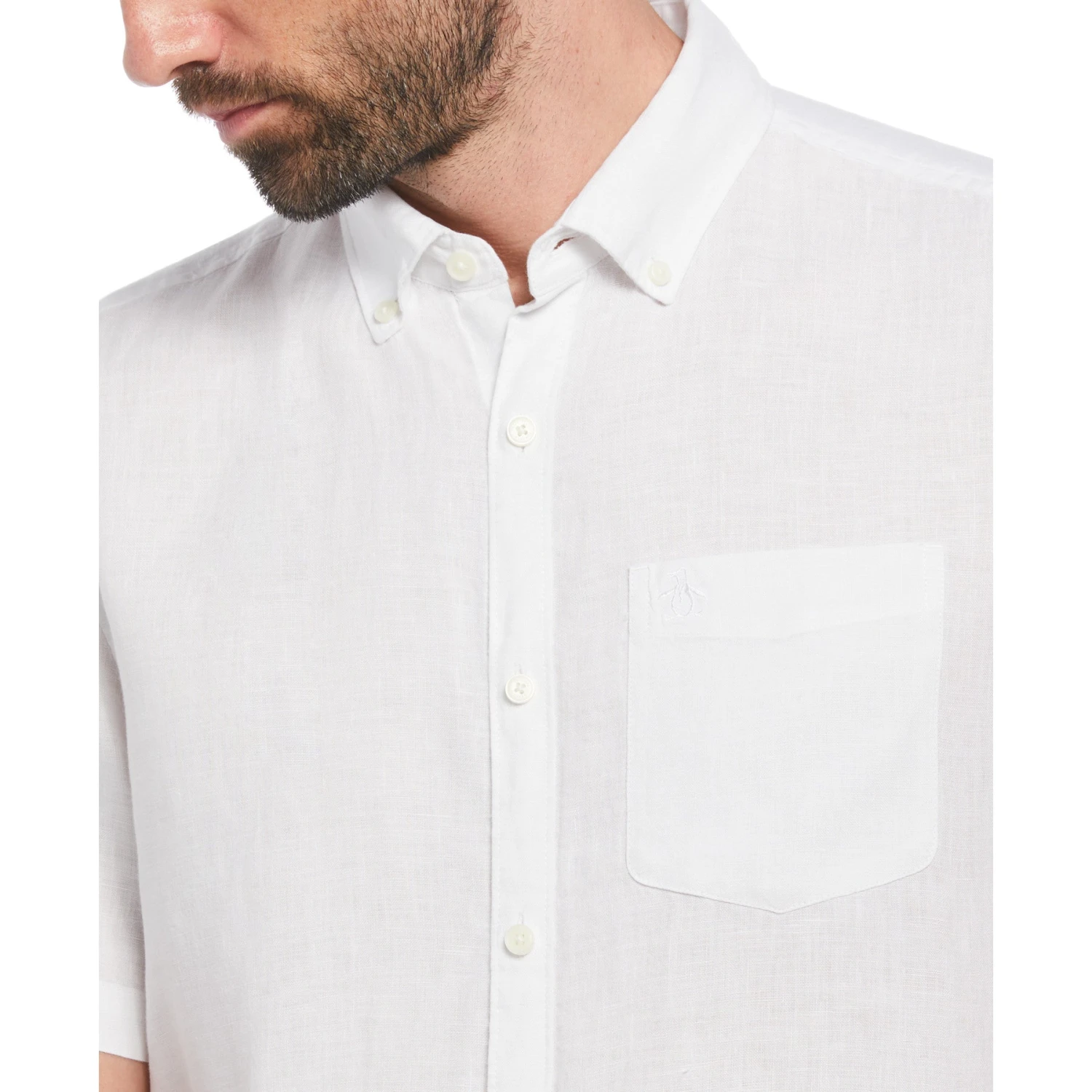 Original Penguin Delave Linen Short Sleeve Button-Down Shirt In Bright White 5 Original Penguin Delave Linen Short Sleeve Button-Down Shirt In Bright White - Image 3