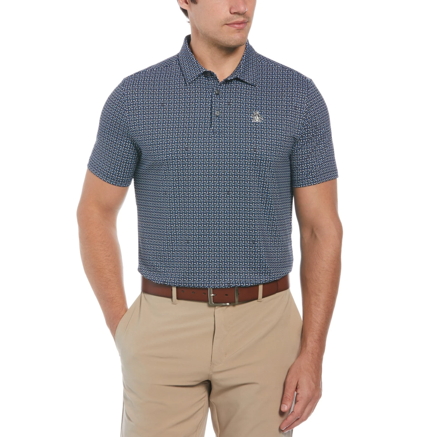 Original Penguin Original Geometric Print Short Sleeve Golf Polo Shirt In Caviar 2 Original Penguin Original Geometric Print Short Sleeve Golf Polo Shirt In Caviar